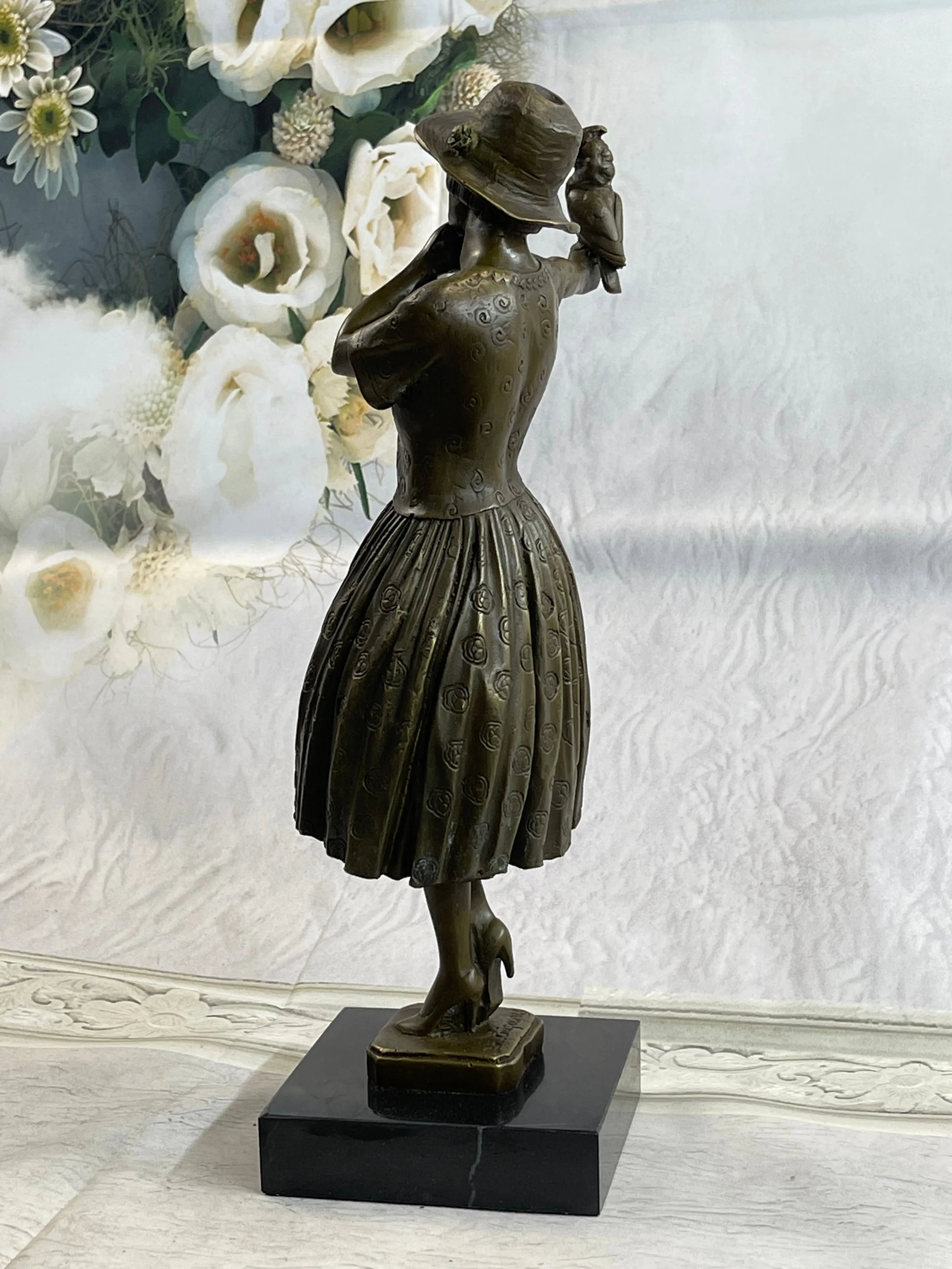 100% Solid Bronze Sculpture Lady with Bird Signed Real Art Hot Cast Figurine LRG