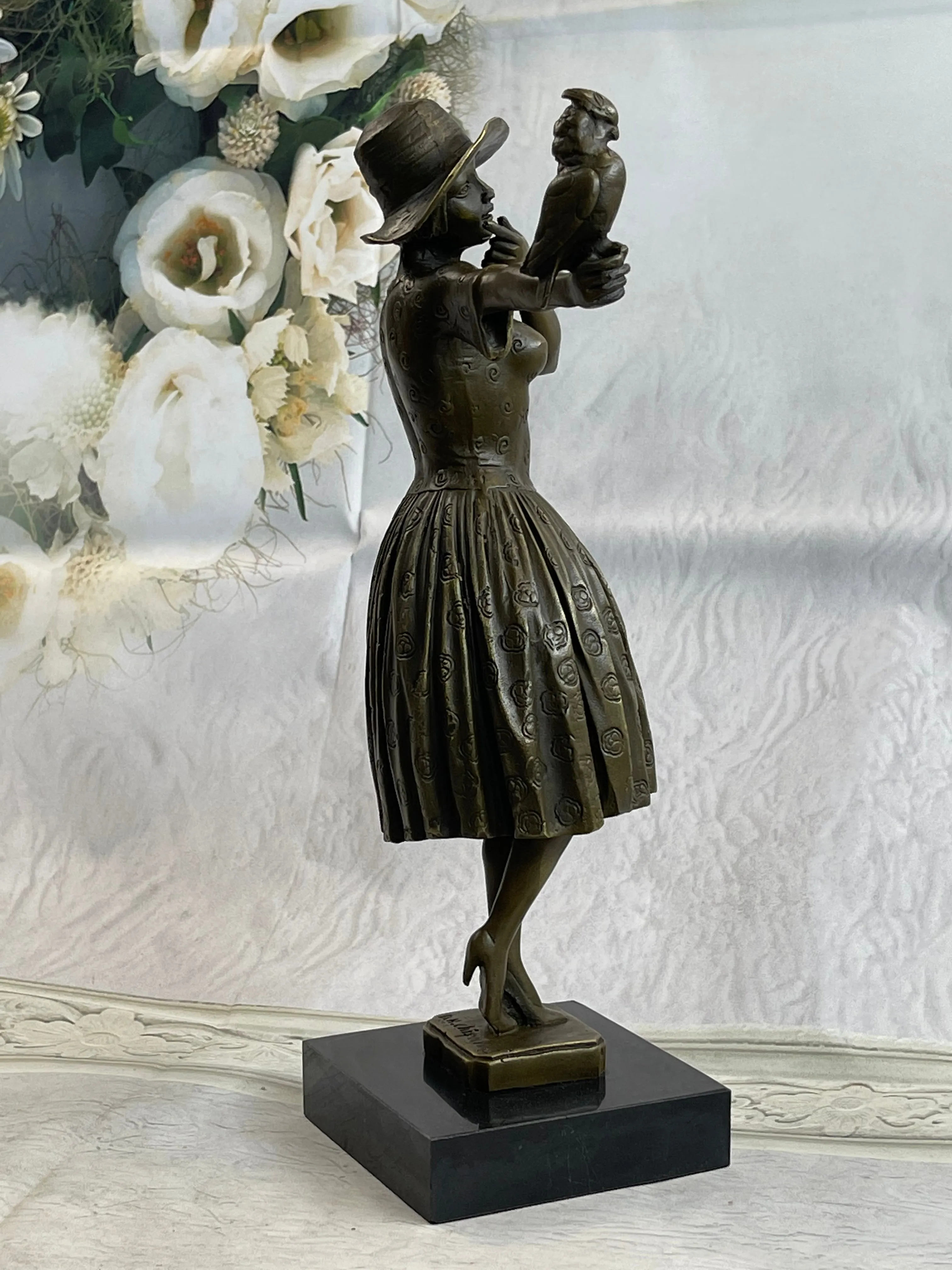 100% Solid Bronze Sculpture Lady with Bird Signed Real Art Hot Cast Figurine LRG