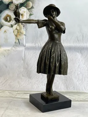 100% Solid Bronze Sculpture Lady with Bird Signed Real Art Hot Cast Figurine LRG