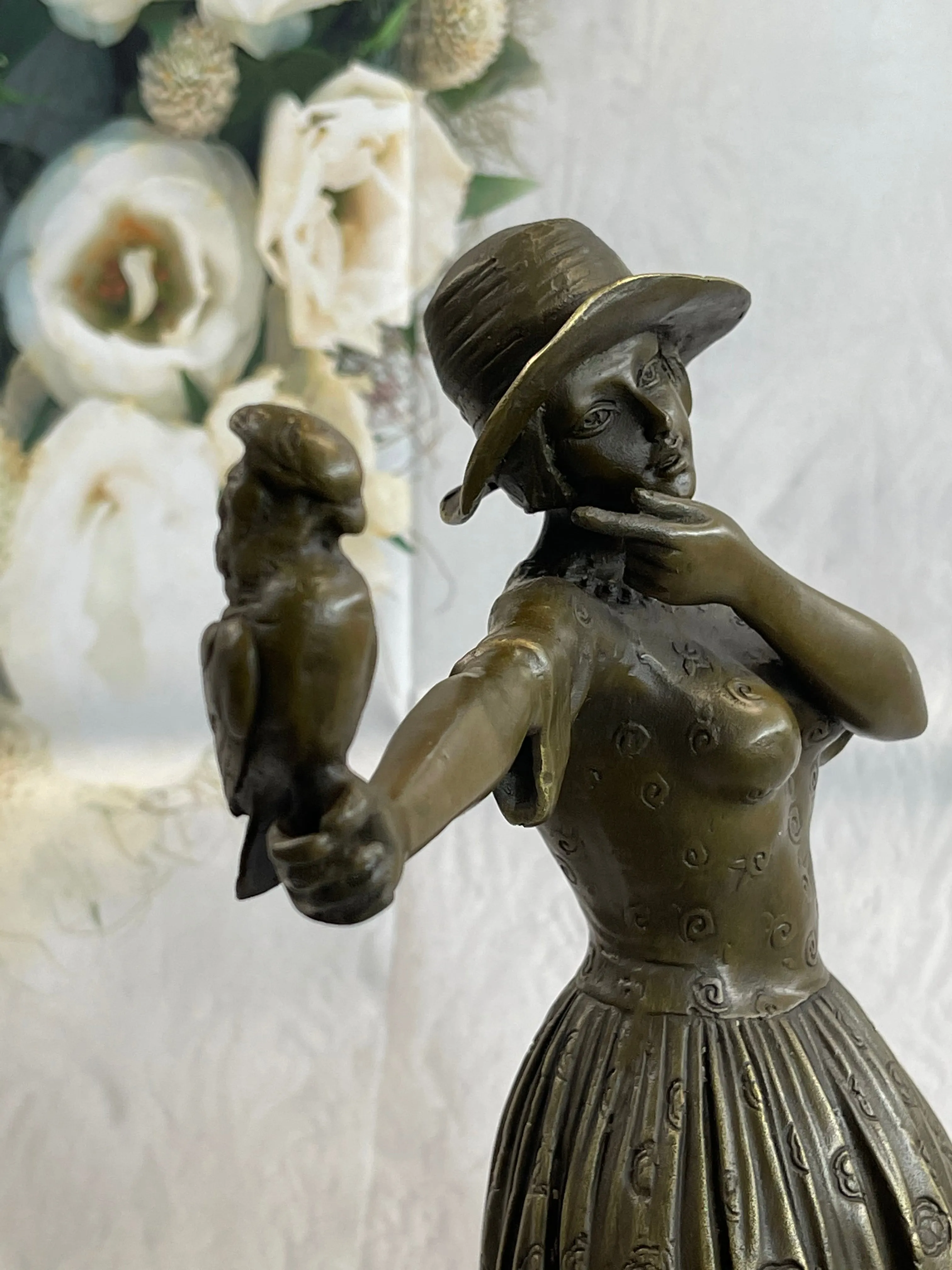100% Solid Bronze Sculpture Lady with Bird Signed Real Art Hot Cast Figurine LRG