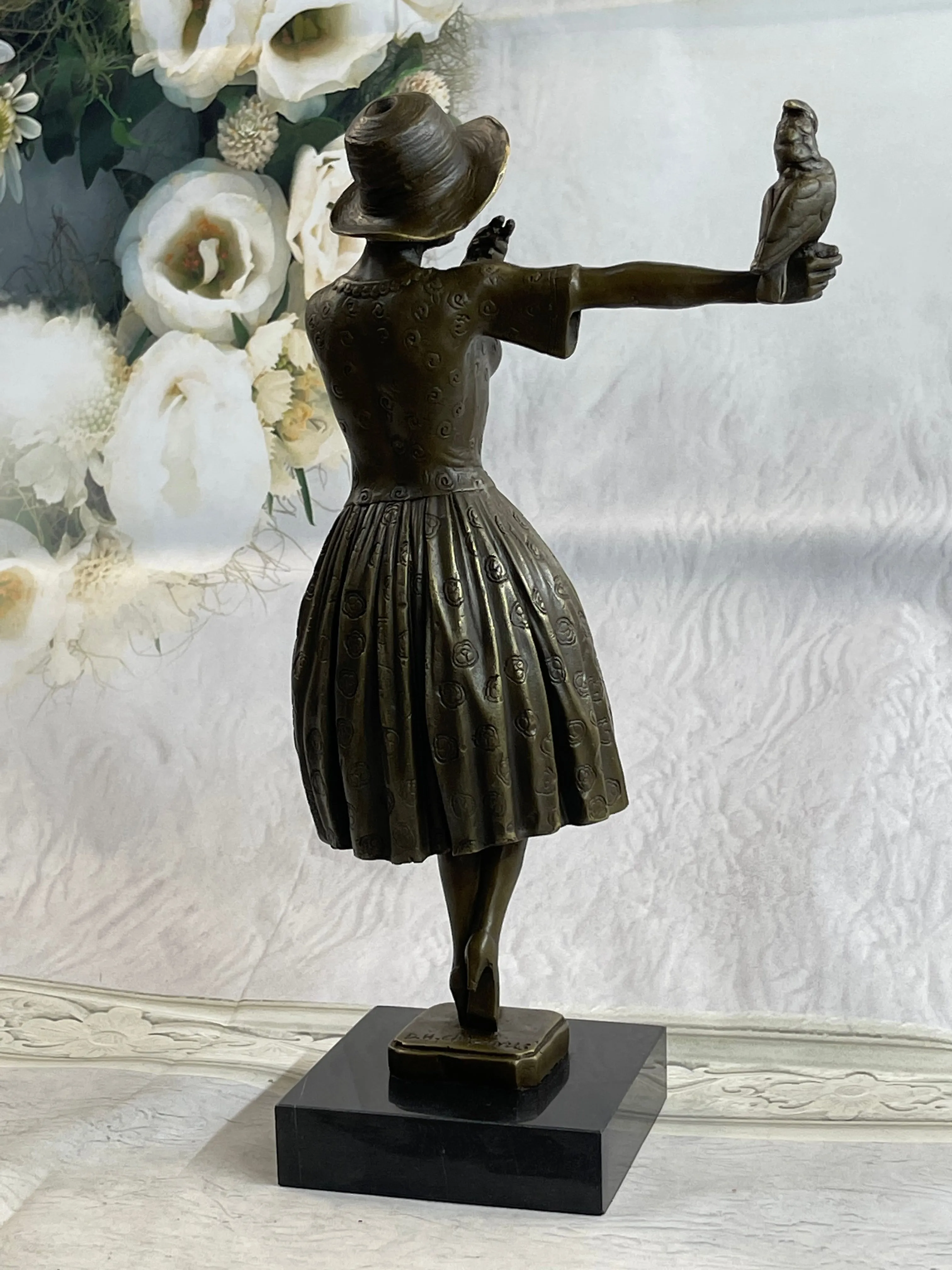 100% Solid Bronze Sculpture Lady with Bird Signed Real Art Hot Cast Figurine LRG