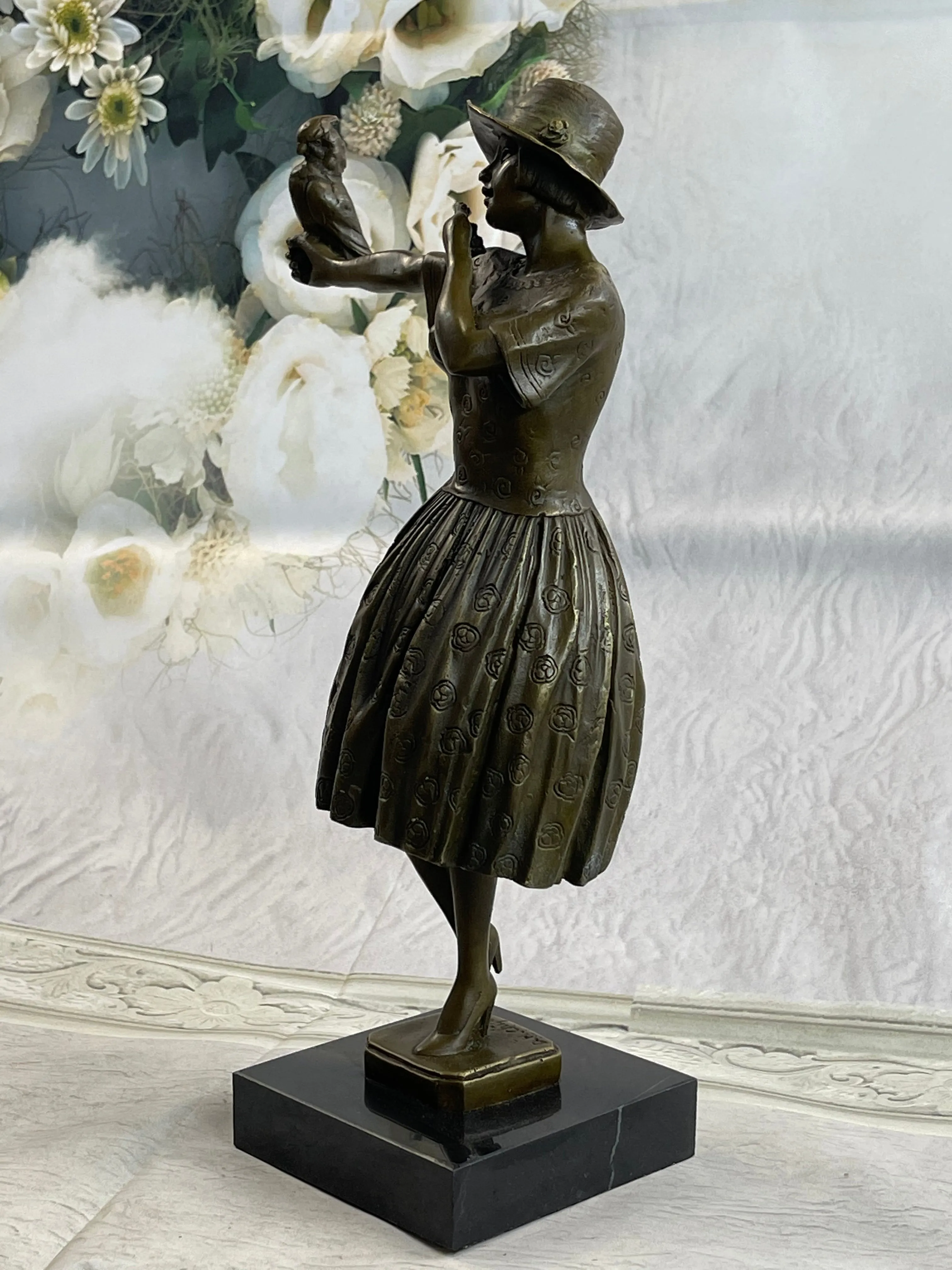 100% Solid Bronze Sculpture Lady with Bird Signed Real Art Hot Cast Figurine LRG