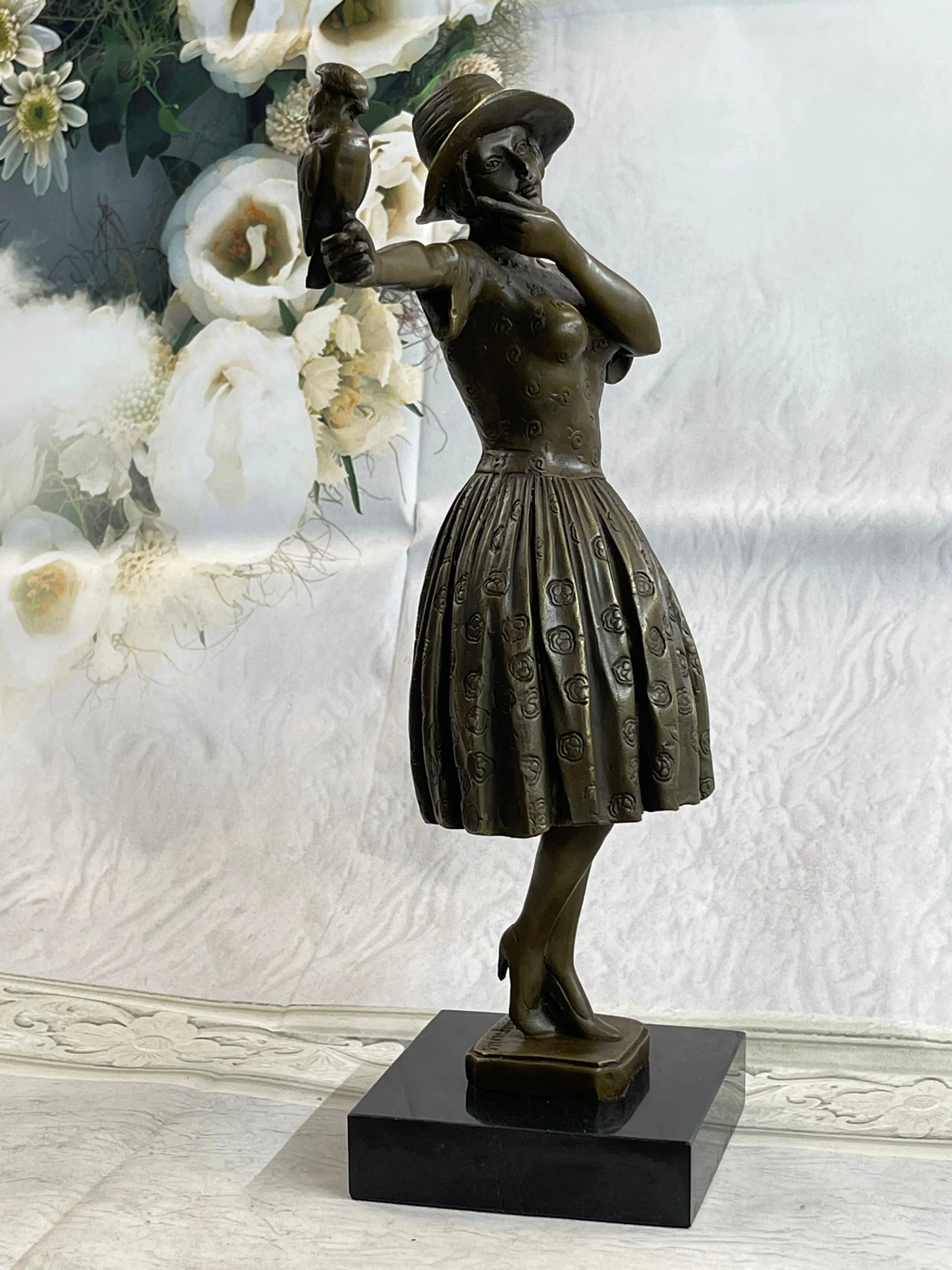 100% Solid Bronze Sculpture Lady with Bird Signed Real Art Hot Cast Figurine LRG