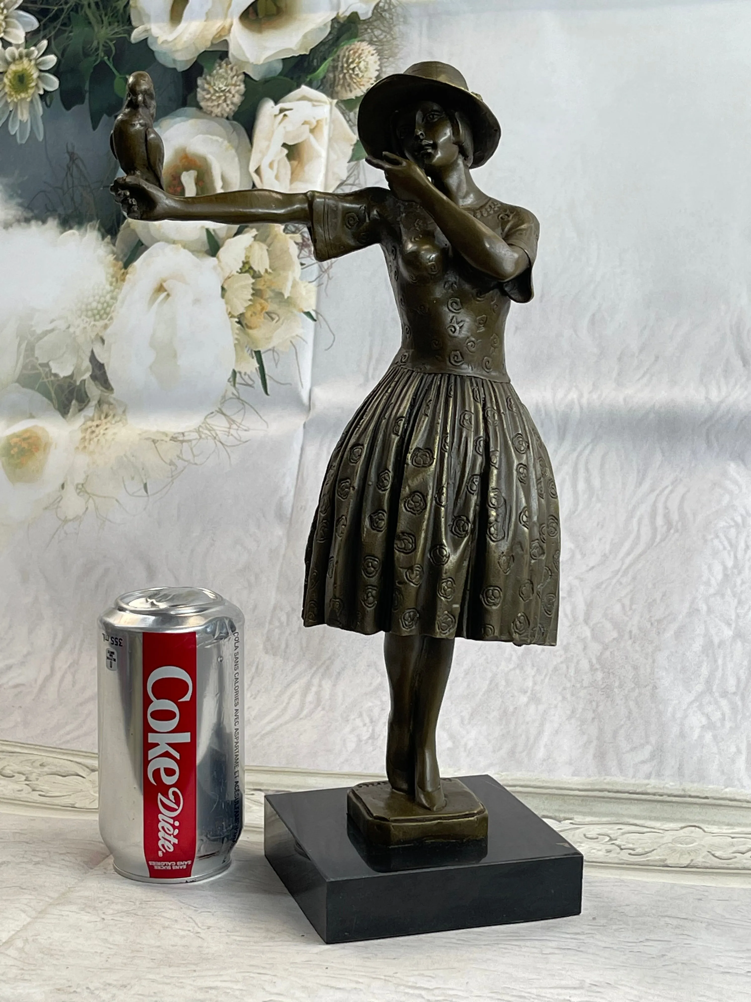 100% Solid Bronze Sculpture Lady with Bird Signed Real Art Hot Cast Figurine LRG