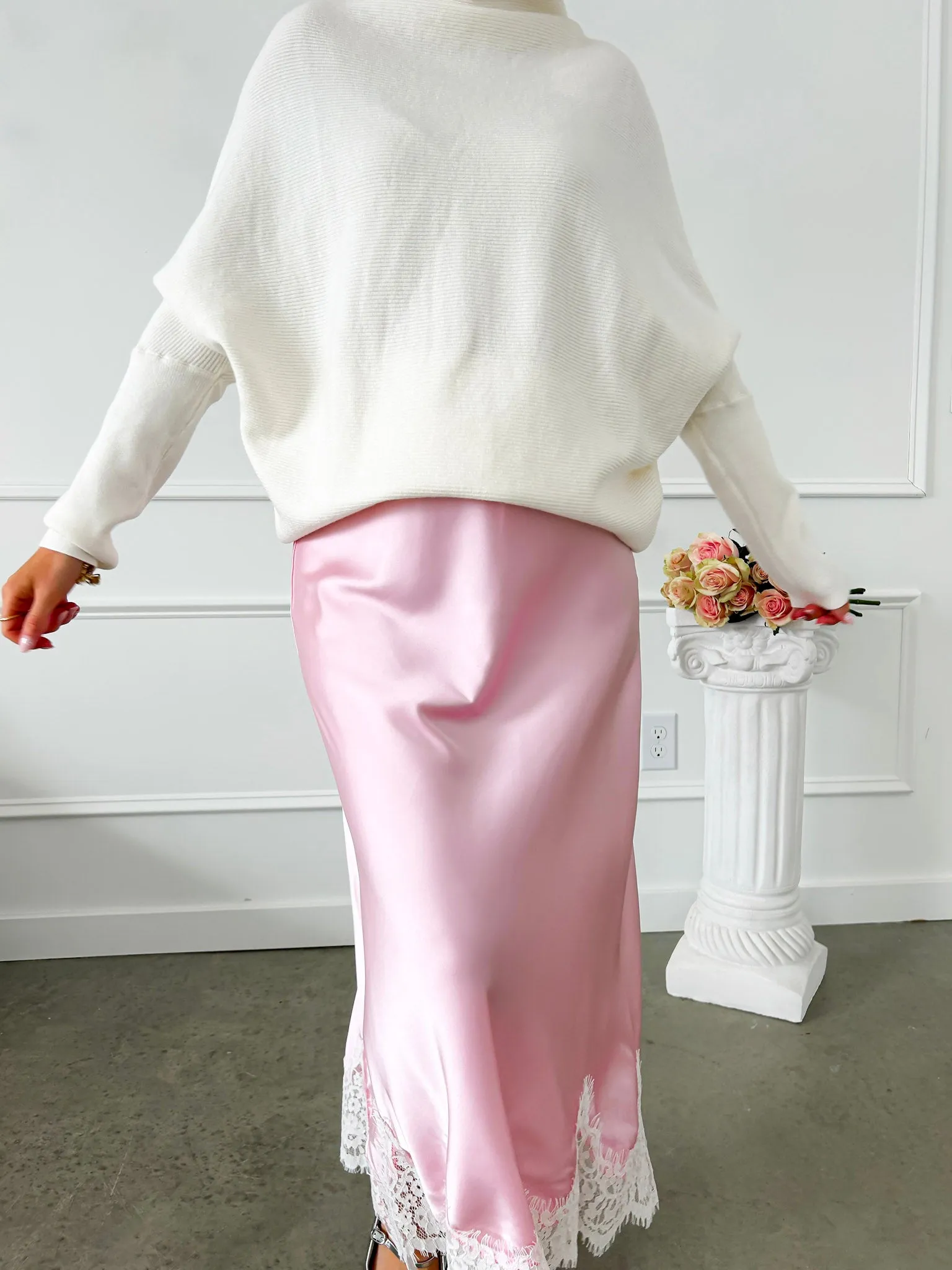 A Little Poise Pink Satin Lace Midi Skirt