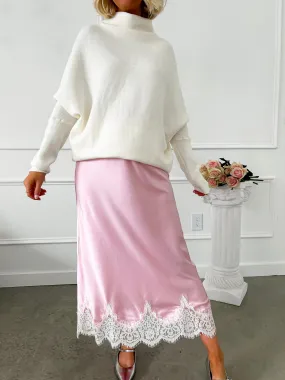 A Little Poise Pink Satin Lace Midi Skirt