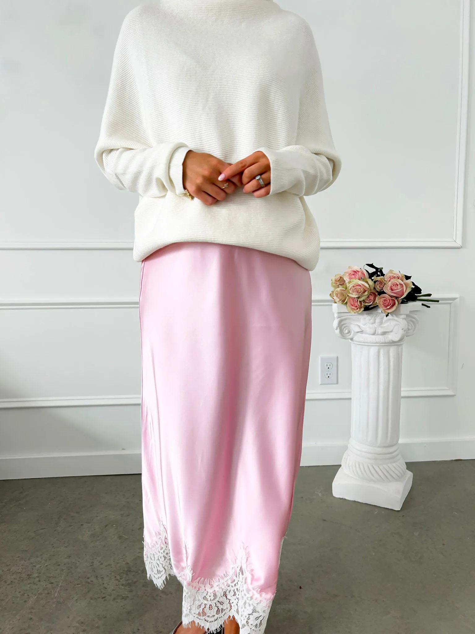 A Little Poise Pink Satin Lace Midi Skirt