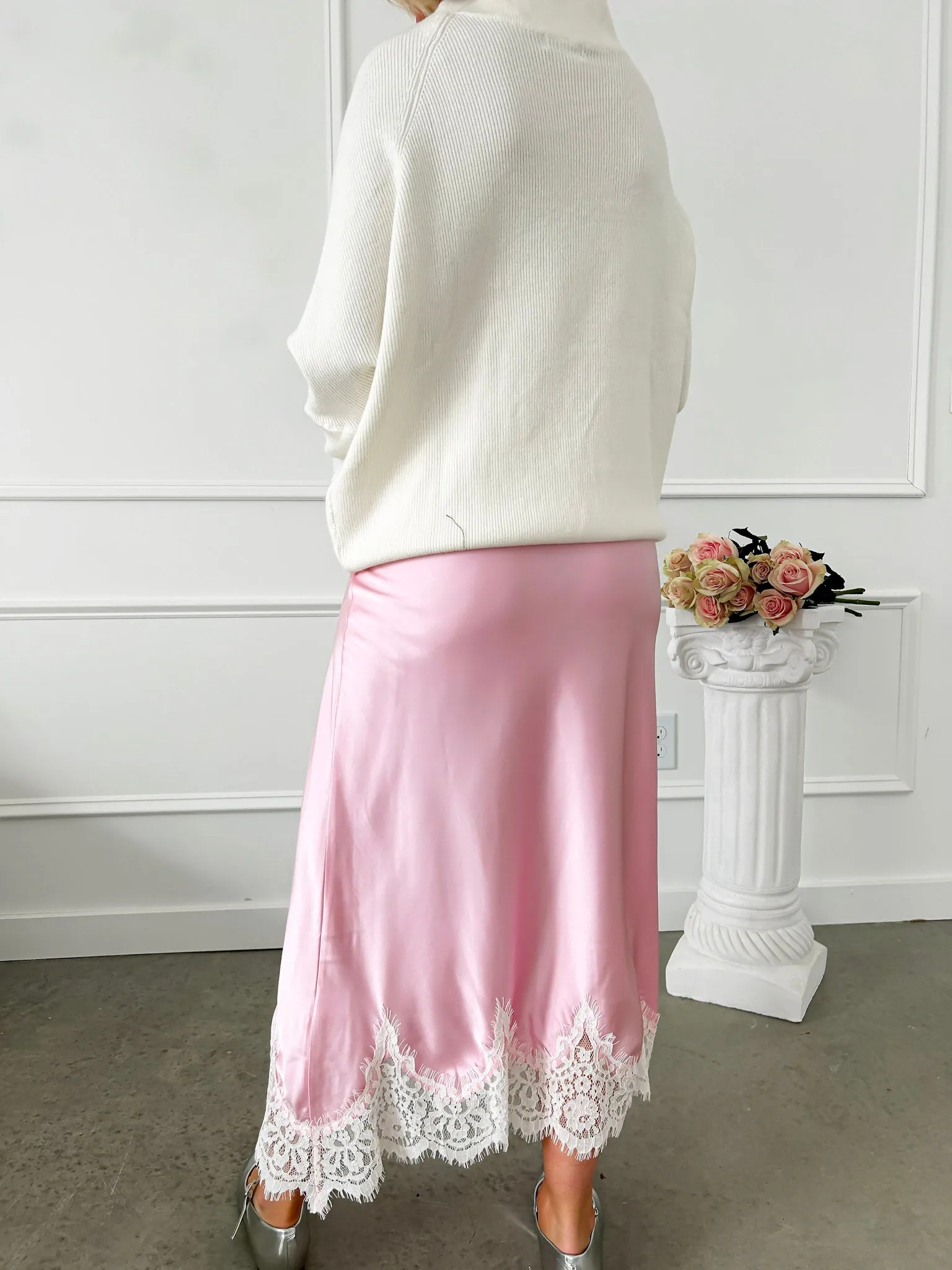 A Little Poise Pink Satin Lace Midi Skirt