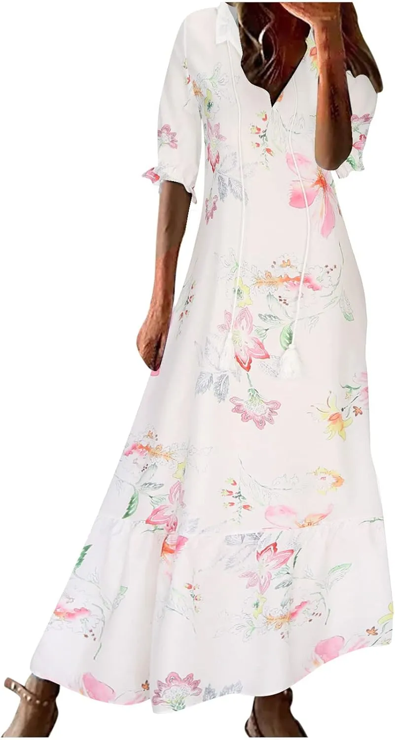 Beach Vacation Clothes for Women Elegant Floral Print Wrap Maxi Dress Feminine Mid-Length Sleeves Maxi Sun Dress