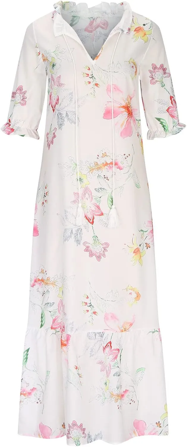 Beach Vacation Clothes for Women Elegant Floral Print Wrap Maxi Dress Feminine Mid-Length Sleeves Maxi Sun Dress