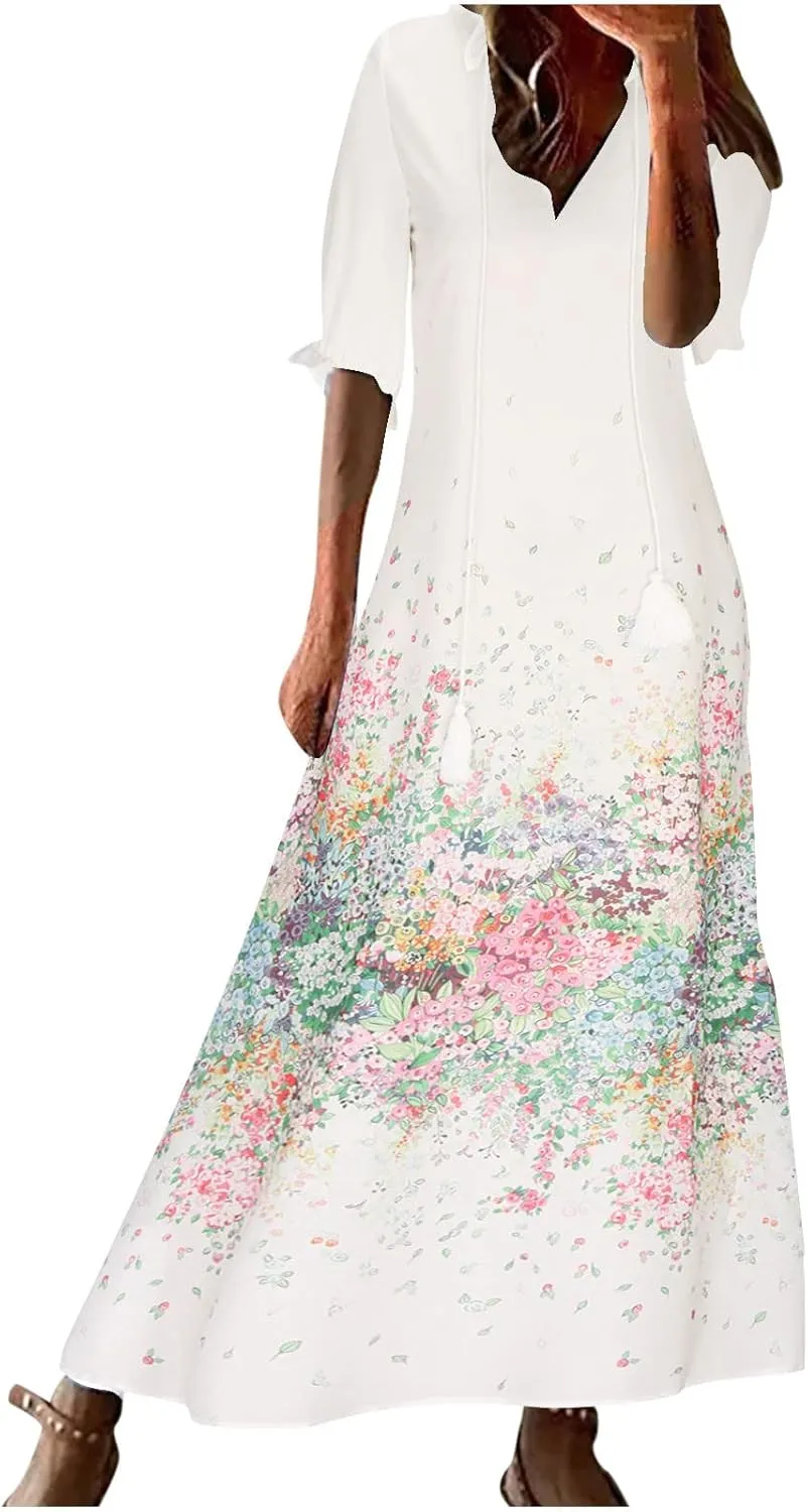 Beach Vacation Clothes for Women Elegant Floral Print Wrap Maxi Dress Feminine Mid-Length Sleeves Maxi Sun Dress