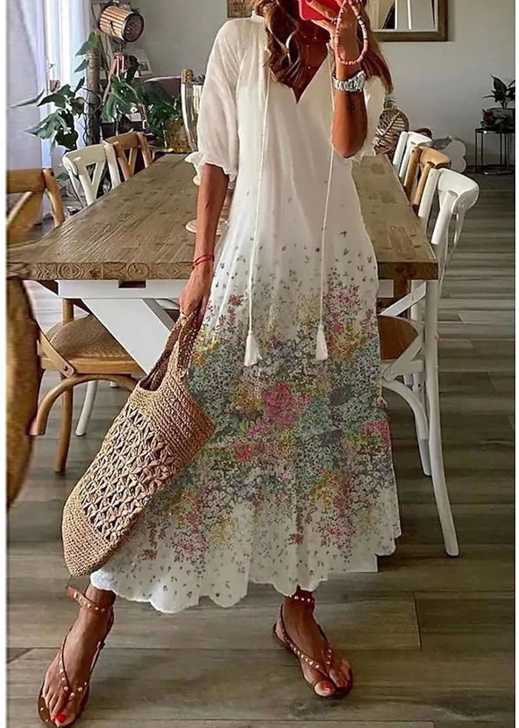 Beach Vacation Clothes for Women Elegant Floral Print Wrap Maxi Dress Feminine Mid-Length Sleeves Maxi Sun Dress