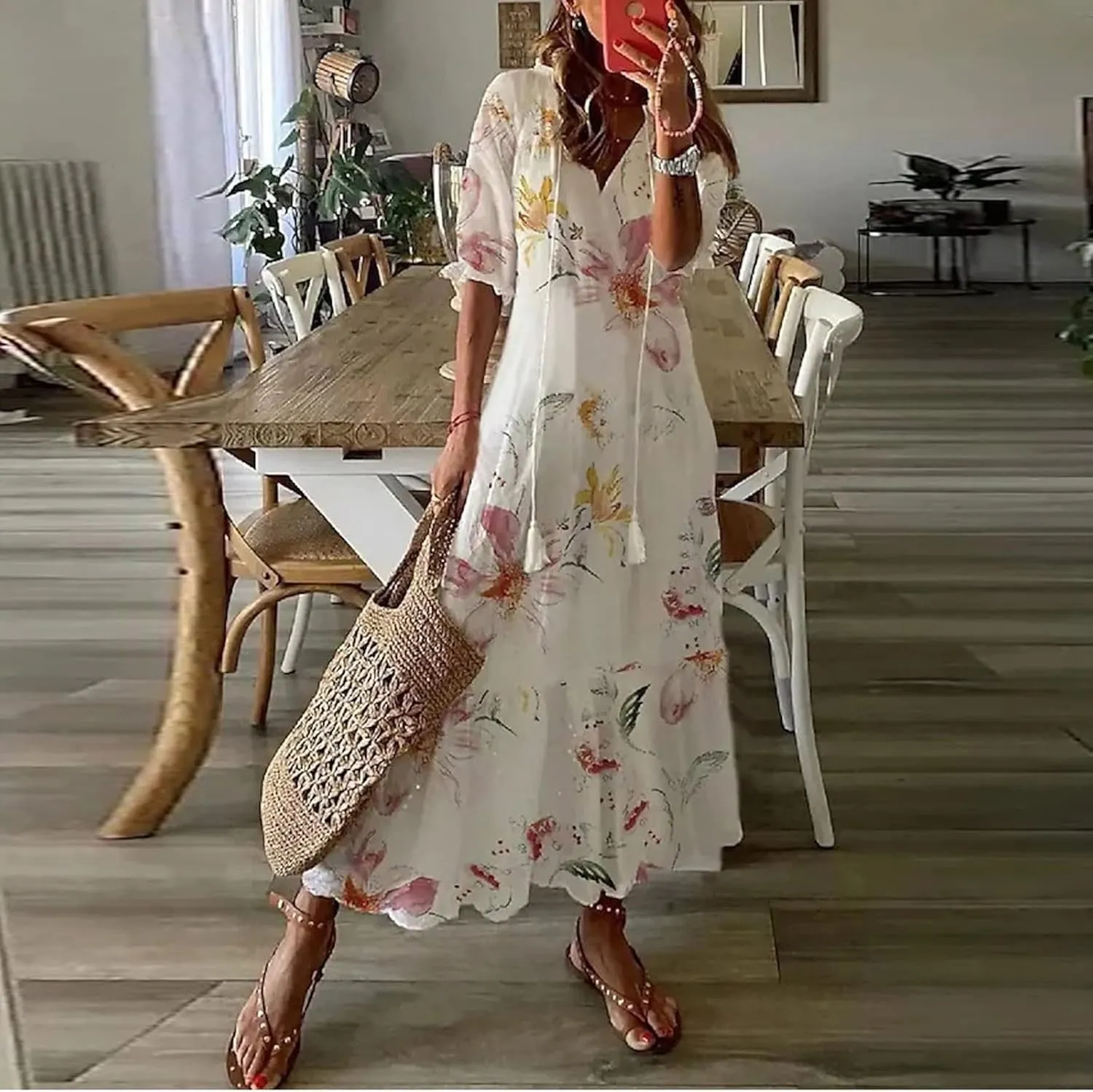 Beach Vacation Clothes for Women Elegant Floral Print Wrap Maxi Dress Feminine Mid-Length Sleeves Maxi Sun Dress