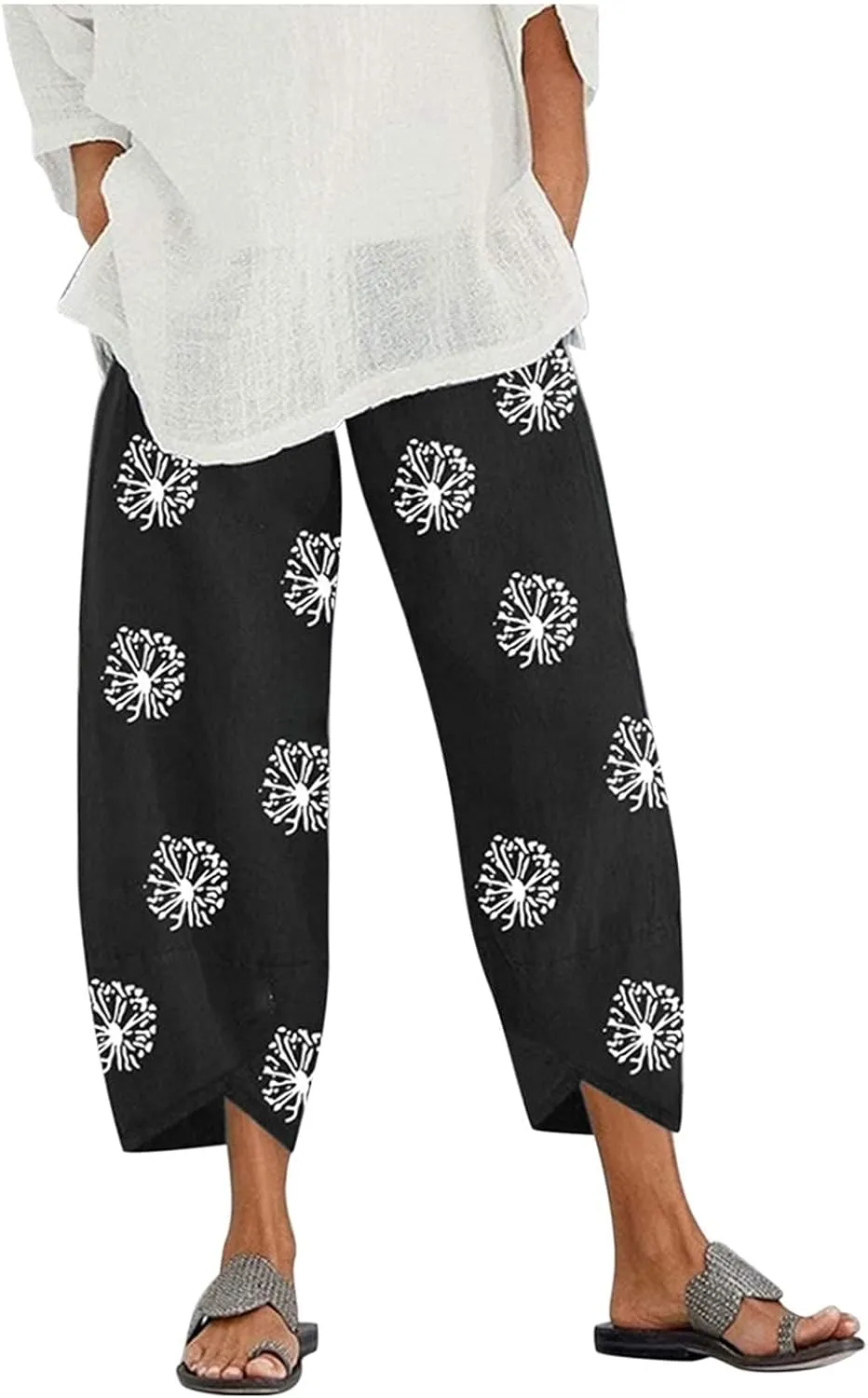 Bengbobar Womens Linen Wide Leg Pants Elastic High Waist Palazzo Pants Business Casual Loose Trousers with Pocket