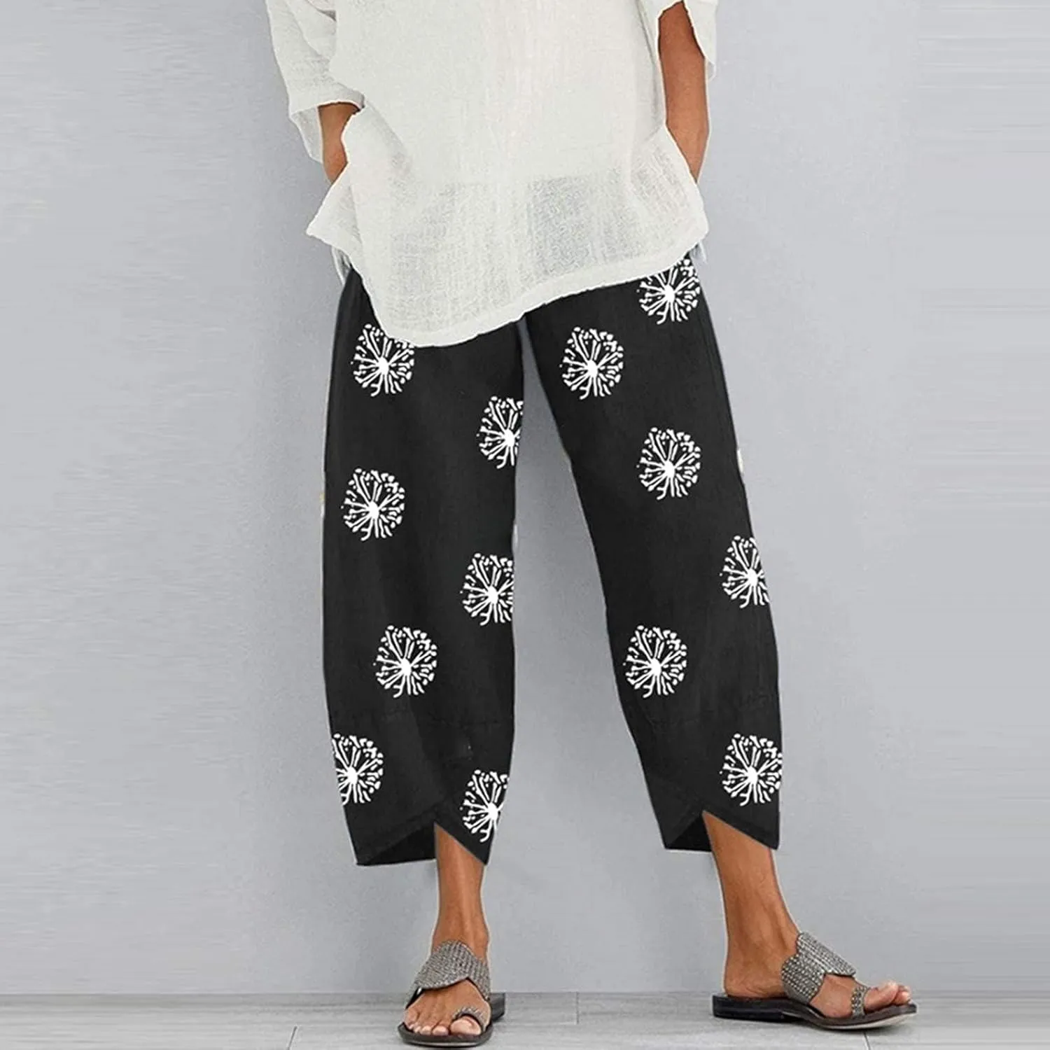 Bengbobar Womens Linen Wide Leg Pants Elastic High Waist Palazzo Pants Business Casual Loose Trousers with Pocket