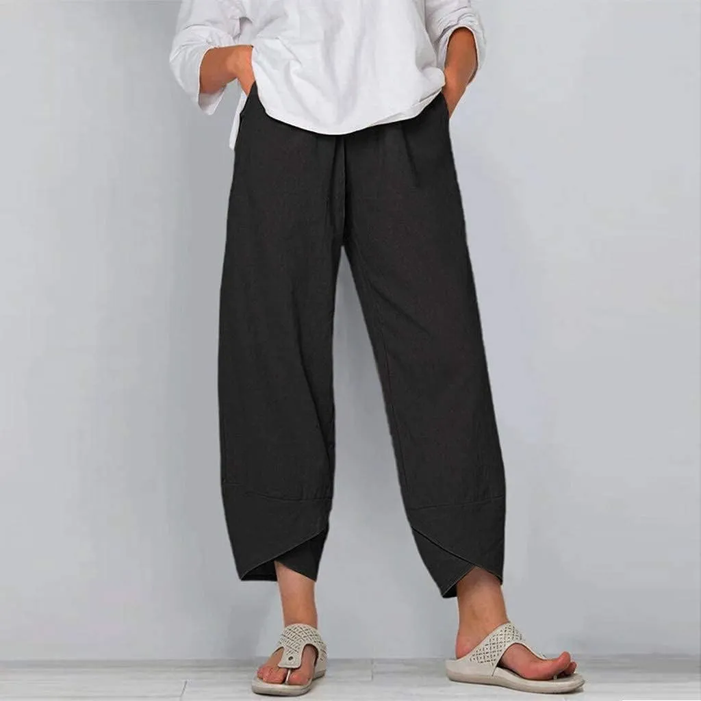 Bengbobar Womens Linen Wide Leg Pants Elastic High Waist Palazzo Pants Business Casual Loose Trousers with Pocket