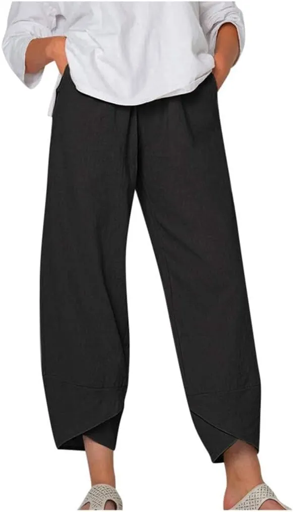 Bengbobar Womens Linen Wide Leg Pants Elastic High Waist Palazzo Pants Business Casual Loose Trousers with Pocket