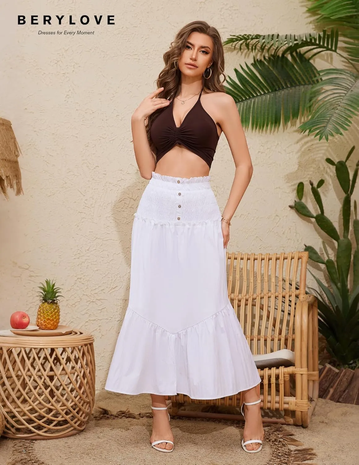 BeryLove Women’s Summer Boho Flowy Tiered A-Line Midi Skirt 2025 Fashion Elastic Waist Pleated Long Beach Skirt