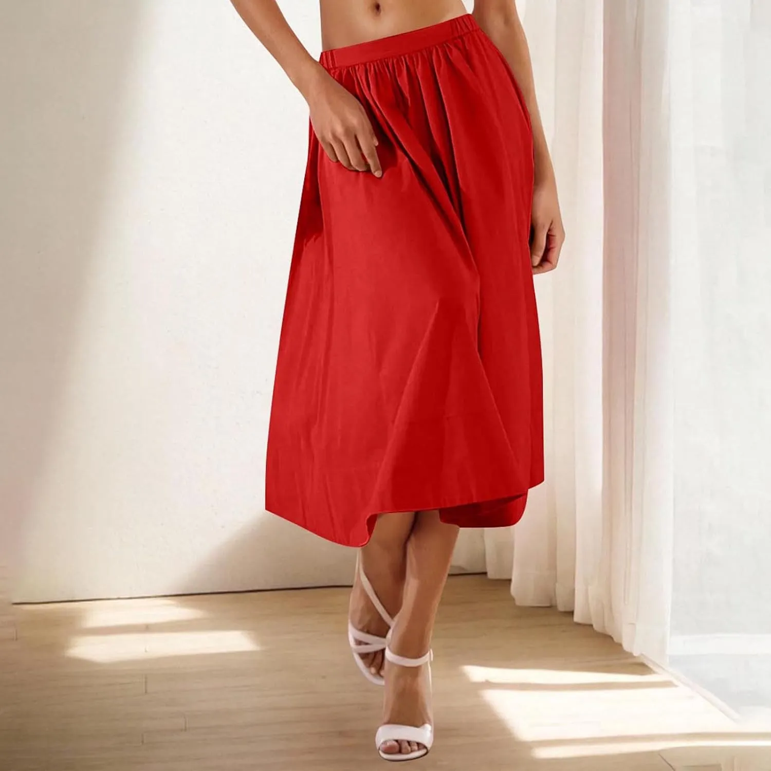 Casual Maxi Skirt for Women Summer Boho Elastic High Waist A-Line Dress Flowy Ruffle Swing Tiered Long Beach Skirt