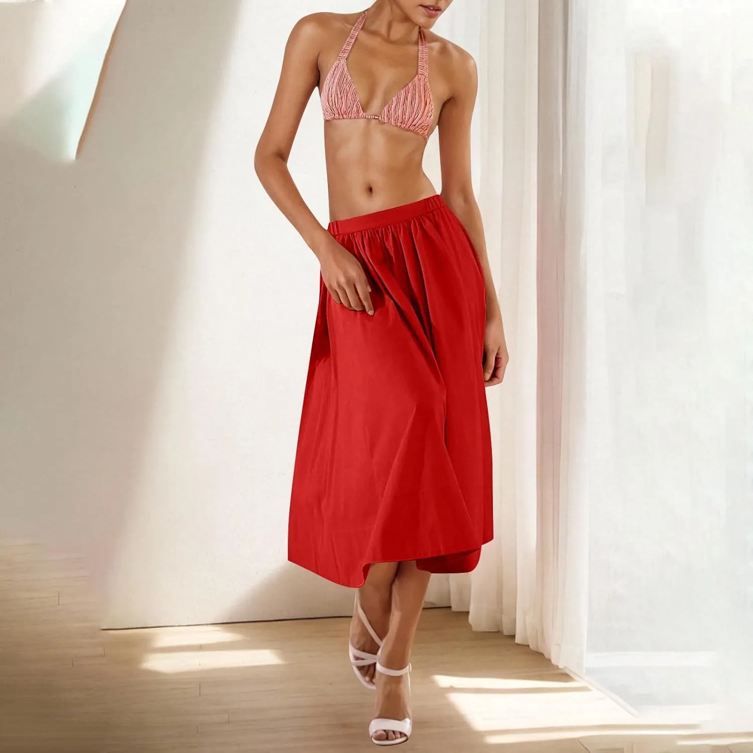 Casual Maxi Skirt for Women Summer Boho Elastic High Waist A-Line Dress Flowy Ruffle Swing Tiered Long Beach Skirt