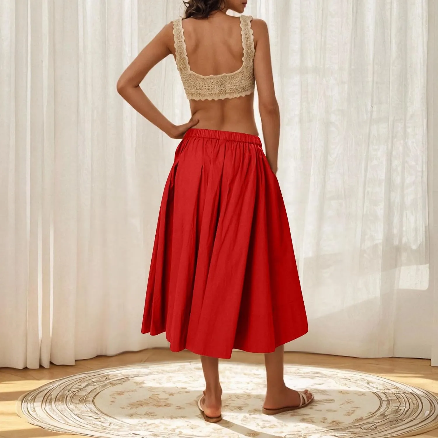 Casual Maxi Skirt for Women Summer Boho Elastic High Waist A-Line Dress Flowy Ruffle Swing Tiered Long Beach Skirt