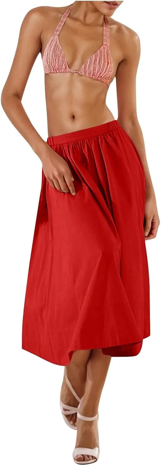 Casual Maxi Skirt for Women Summer Boho Elastic High Waist A-Line Dress Flowy Ruffle Swing Tiered Long Beach Skirt