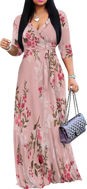 Casual V Neck Maxi Dresses for Women 2025 - Floral Print Summer 3/4 Sleeve Wrap Sundress with Belt