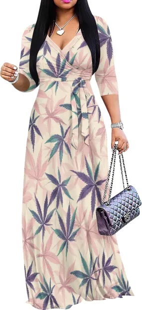 Casual V Neck Maxi Dresses for Women 2025 - Floral Print Summer 3/4 Sleeve Wrap Sundress with Belt