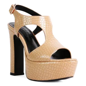 Croc High Heeled Cut Out Sandals In Beige