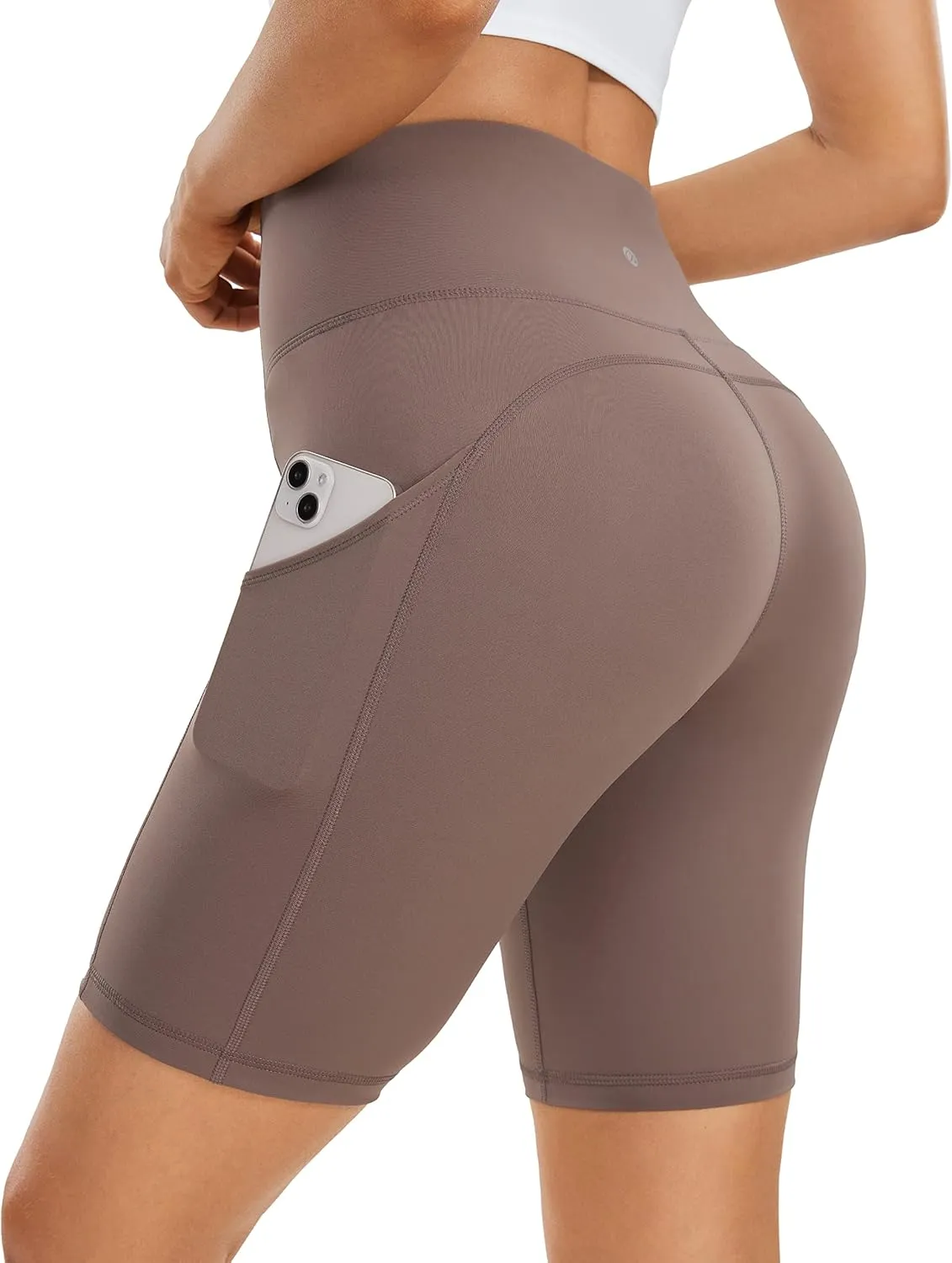 CRZ YOGA Womens Naked Feeling Light Biker Shorts with Pockets 8 Inches - High Waisted Workout Athletic Running Yoga Shorts