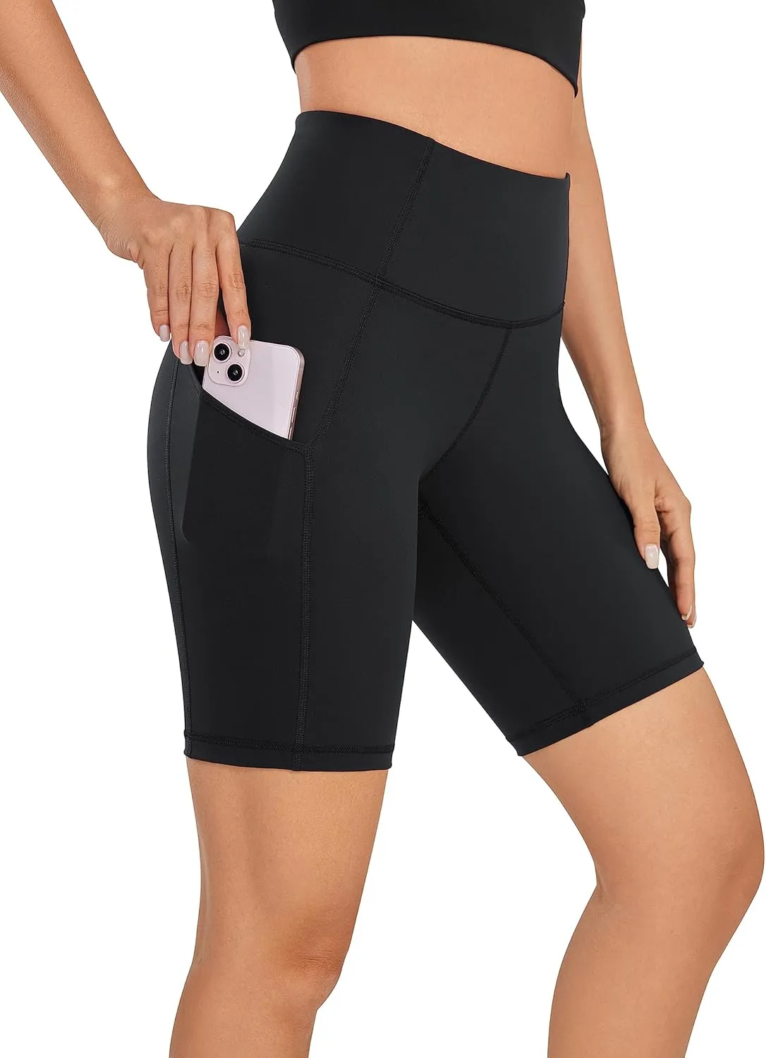 CRZ YOGA Womens Naked Feeling Light Biker Shorts with Pockets 8 Inches - High Waisted Workout Athletic Running Yoga Shorts