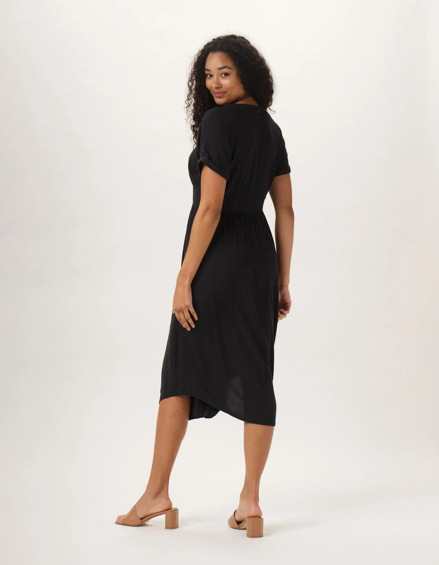 Deep V Button Thru Dress in Black