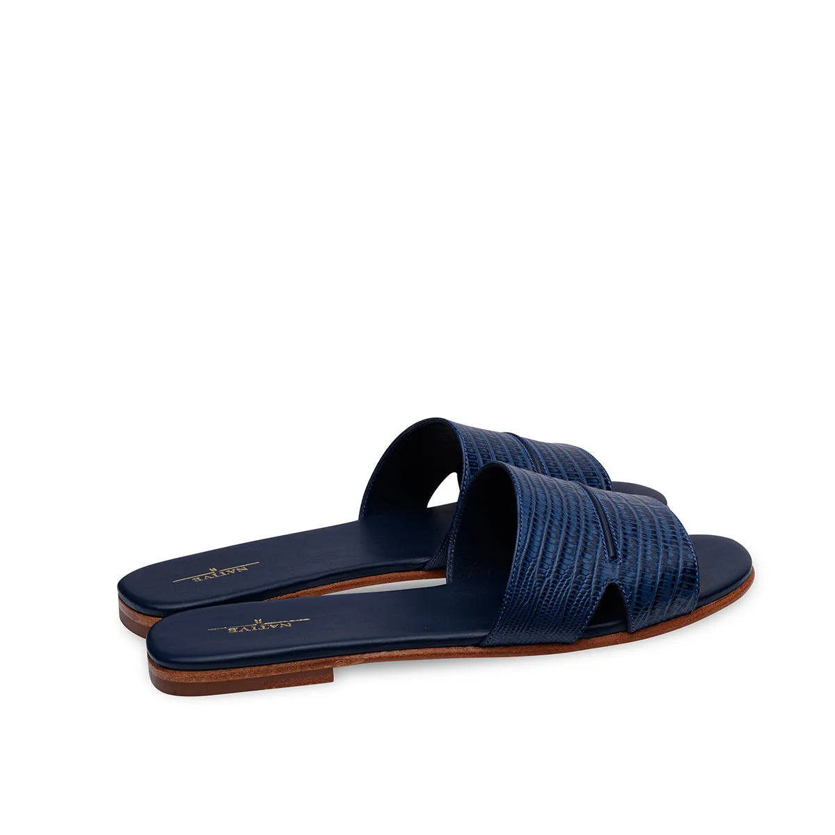 Flat Sandals w/ Lizard and Piping in Navy Blue
