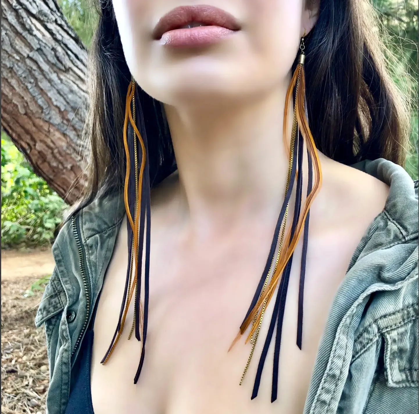 FREEBIRDS COLLECTION: Leather & Feather Long Ear - Choc/Ging