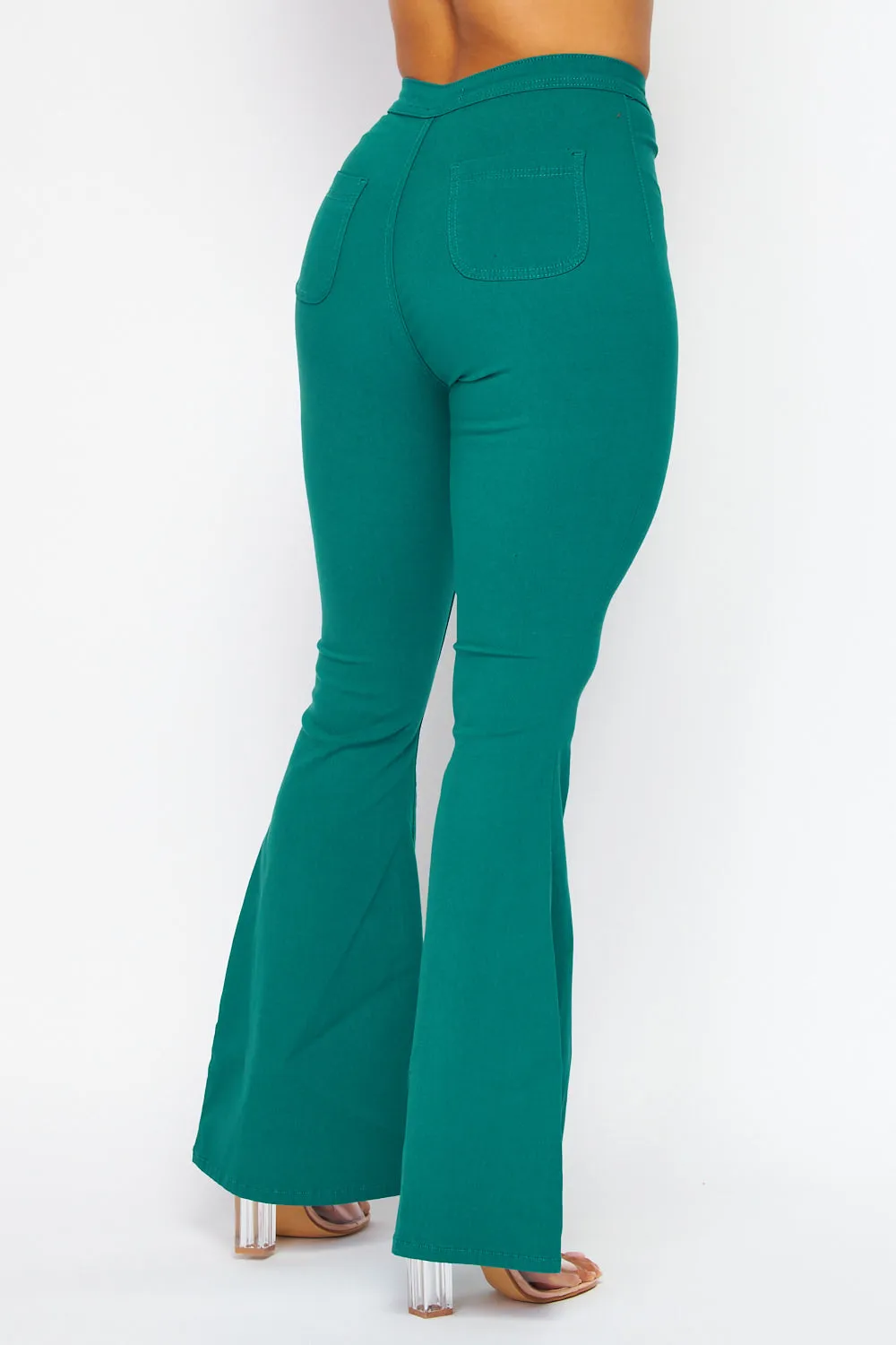 High Waisted Stretchy Bell Bottom Jeans - Teal