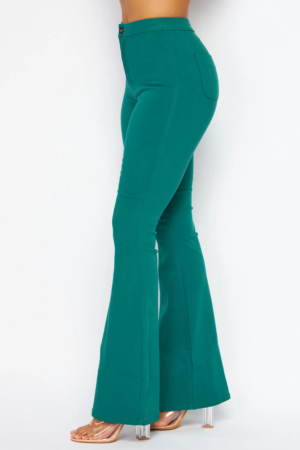 High Waisted Stretchy Bell Bottom Jeans - Teal