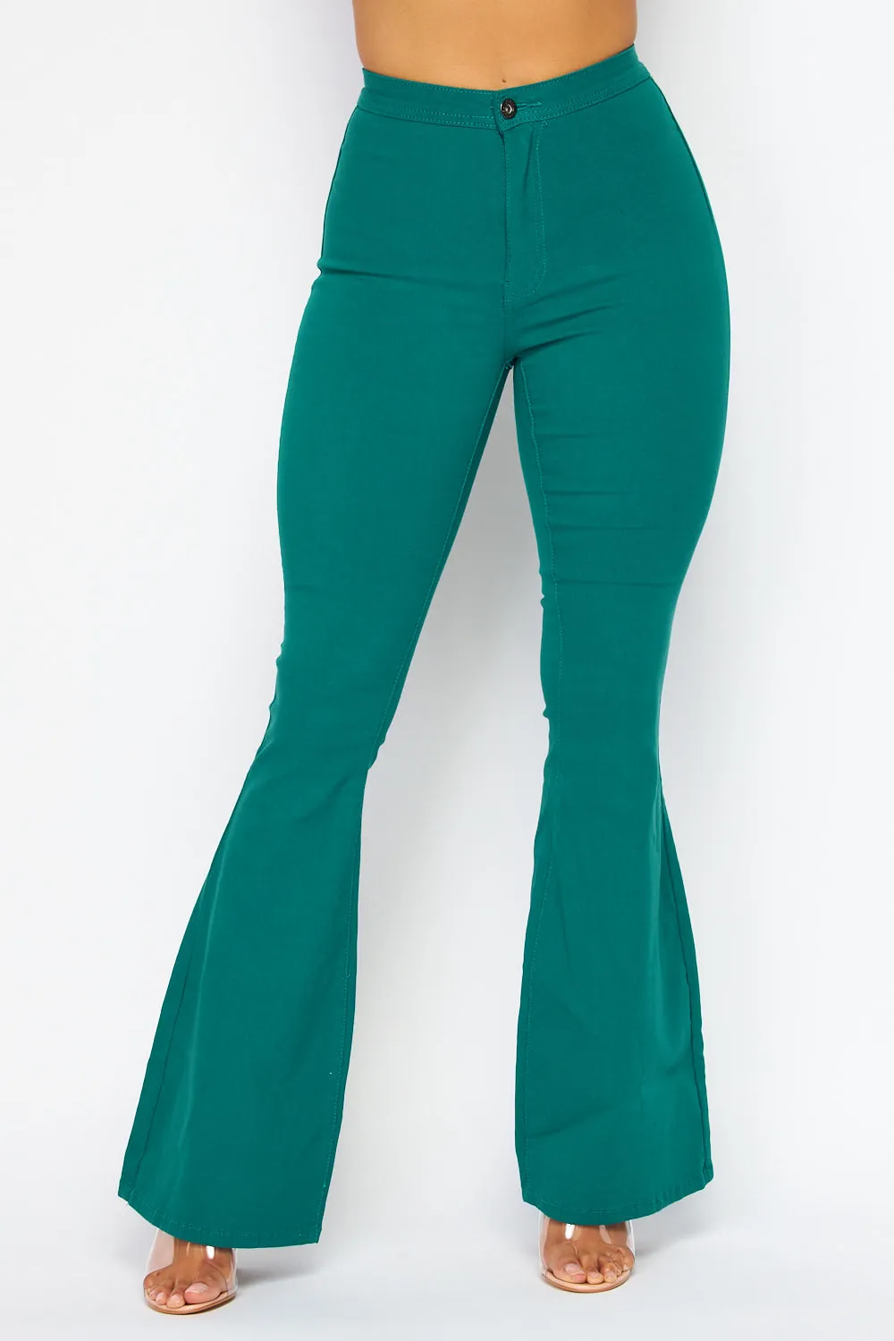High Waisted Stretchy Bell Bottom Jeans - Teal