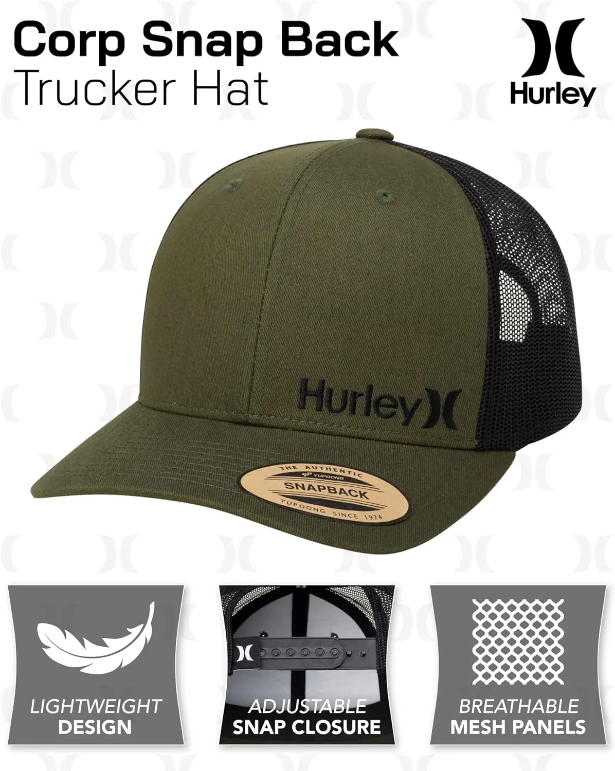 Hurley Men's Trucker Hat - Corp Snap Back Comfortable Curved Bill with Adjustable Snap Closure - Trucker Hats for Men