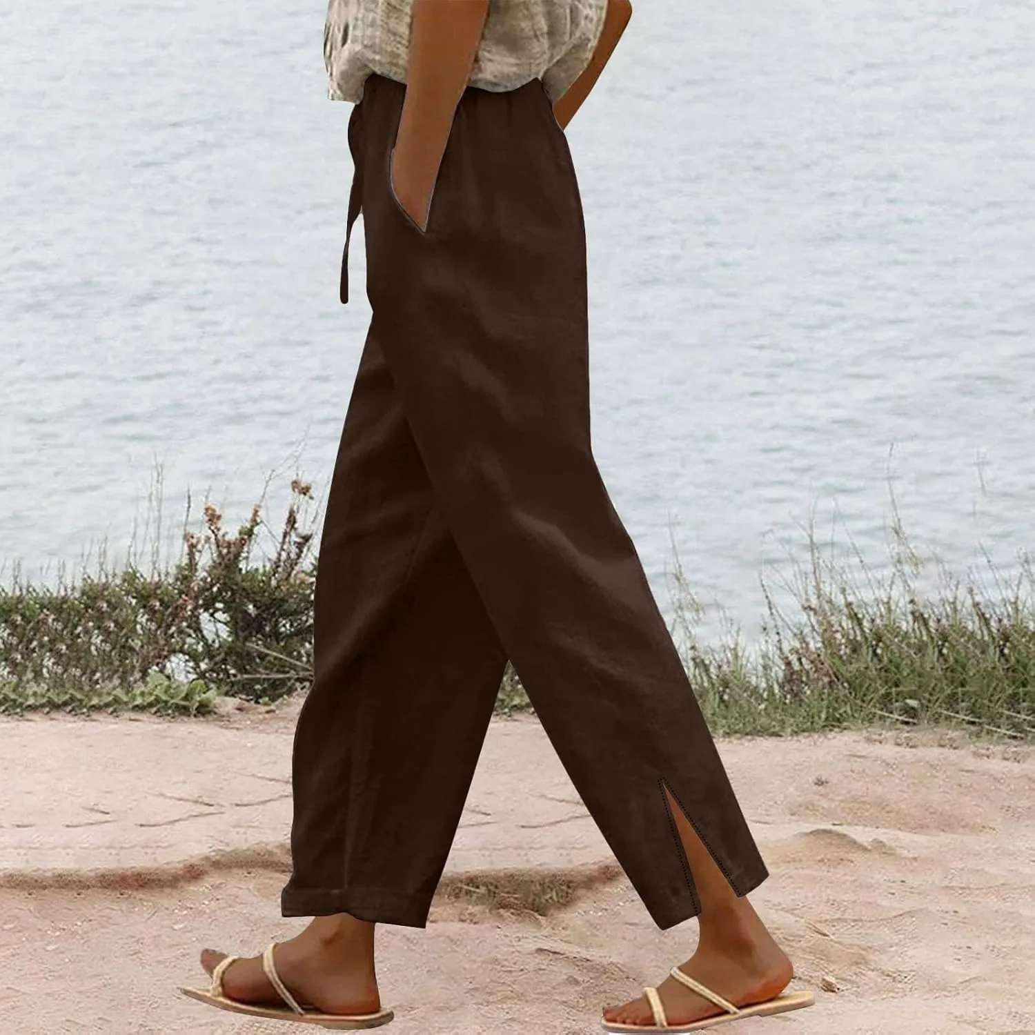 Linen Pants for Women 2025 Summer Drawstring Straight Leg Cropped Lounge Pant Casual Loose Lightweight Beach Trousers