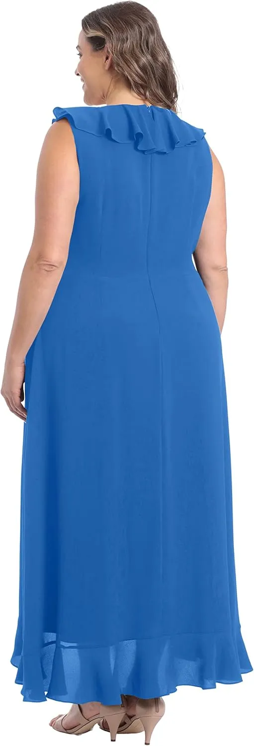 London Times Women's Soft and Flowy Feminine Ruffle Hi-Low Faux Wrap Maxi Dress