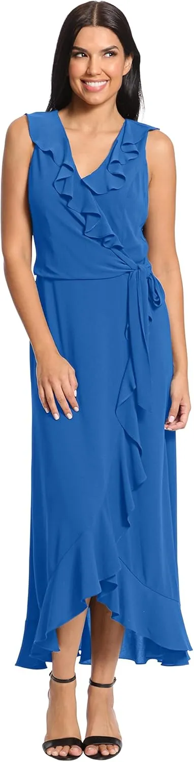 London Times Women's Soft and Flowy Feminine Ruffle Hi-Low Faux Wrap Maxi Dress