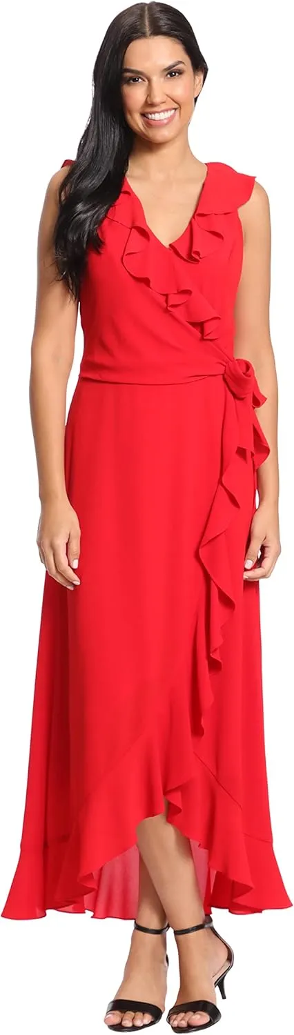 London Times Women's Soft and Flowy Feminine Ruffle Hi-Low Faux Wrap Maxi Dress