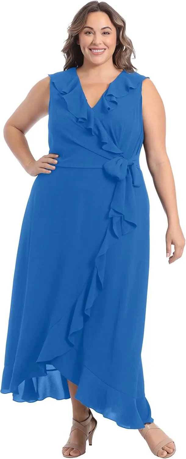 London Times Women's Soft and Flowy Feminine Ruffle Hi-Low Faux Wrap Maxi Dress