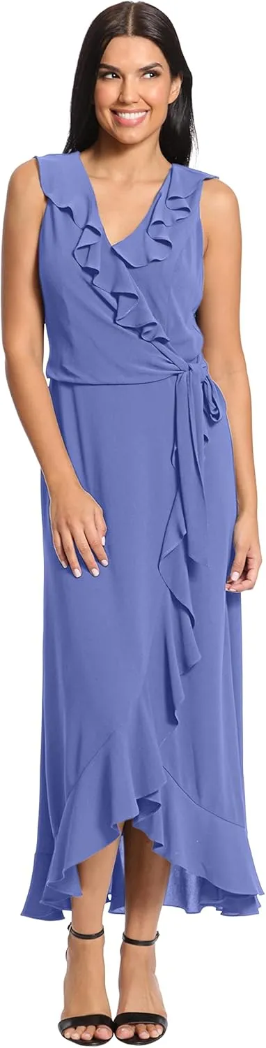 London Times Women's Soft and Flowy Feminine Ruffle Hi-Low Faux Wrap Maxi Dress