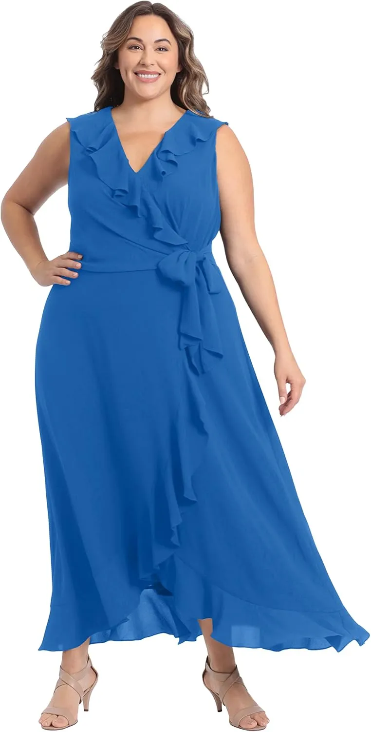 London Times Women's Soft and Flowy Feminine Ruffle Hi-Low Faux Wrap Maxi Dress