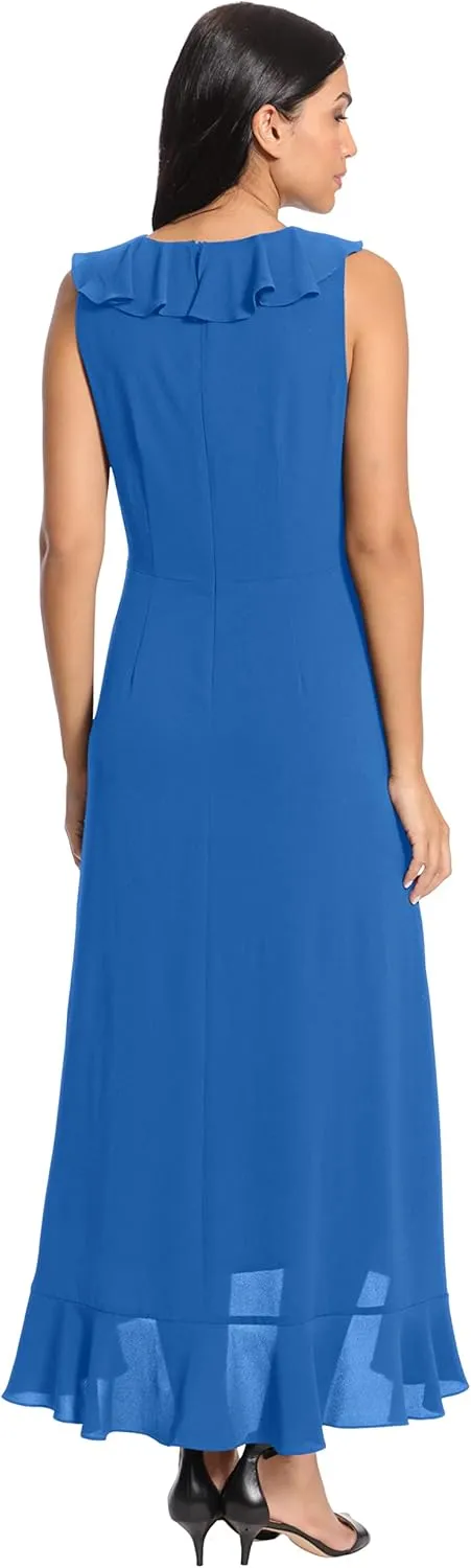 London Times Women's Soft and Flowy Feminine Ruffle Hi-Low Faux Wrap Maxi Dress