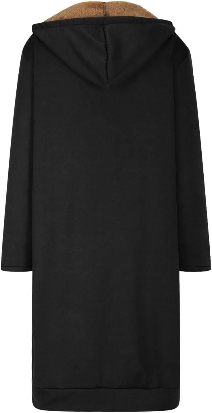 Long Fleece Lined Hooded Jacket for Women, Fuzzy Warm Full Zip Coat Casual Comfortable Thick Knee Length Outerwear