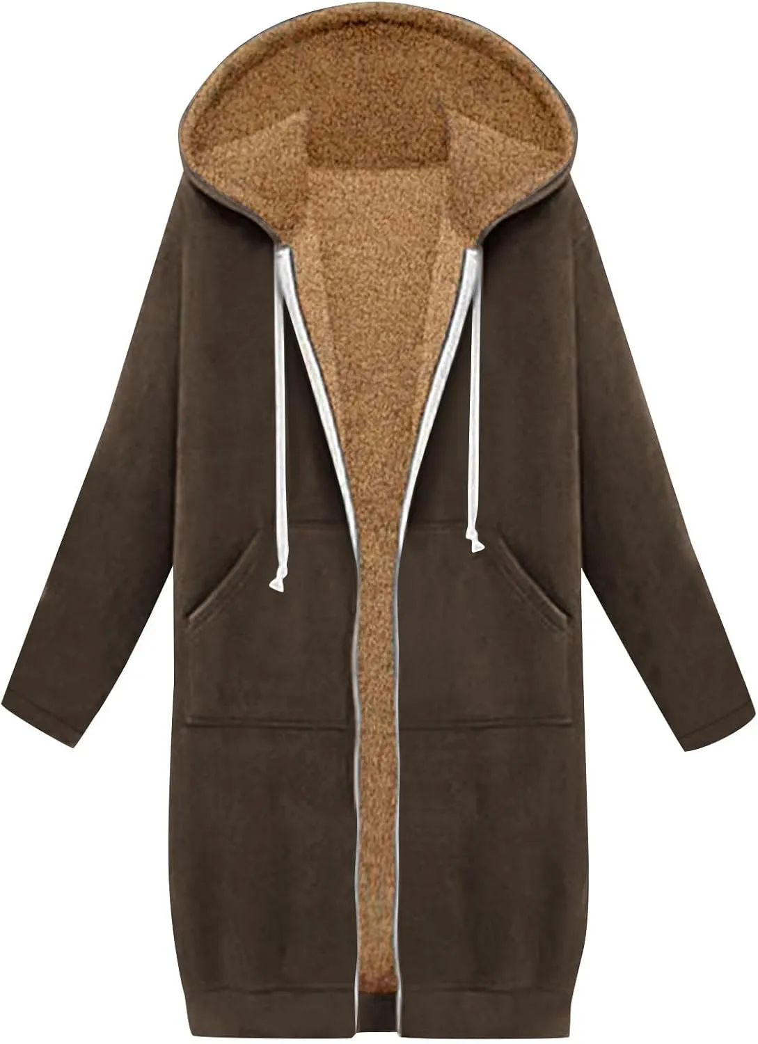 Long Fleece Lined Hooded Jacket for Women, Fuzzy Warm Full Zip Coat Casual Comfortable Thick Knee Length Outerwear