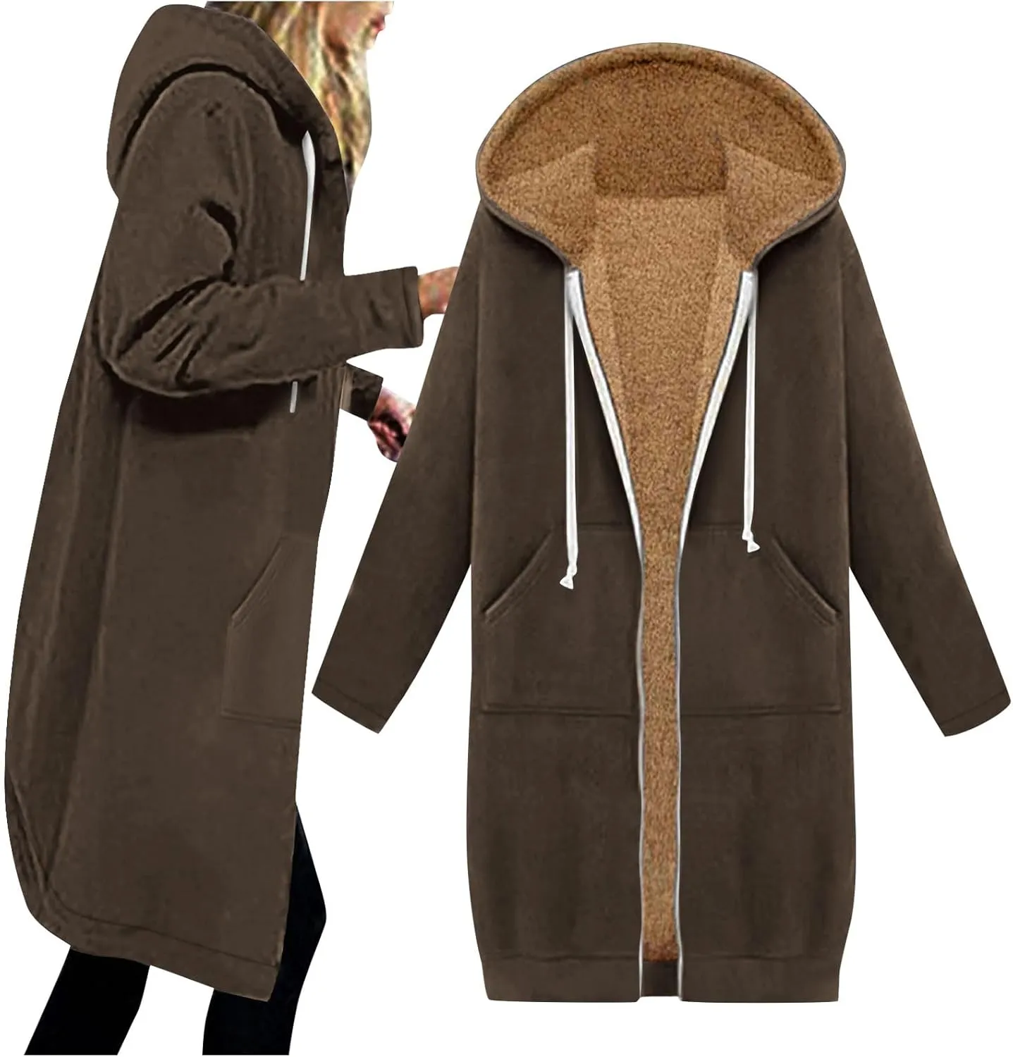 Long Fleece Lined Hooded Jacket for Women, Fuzzy Warm Full Zip Coat Casual Comfortable Thick Knee Length Outerwear