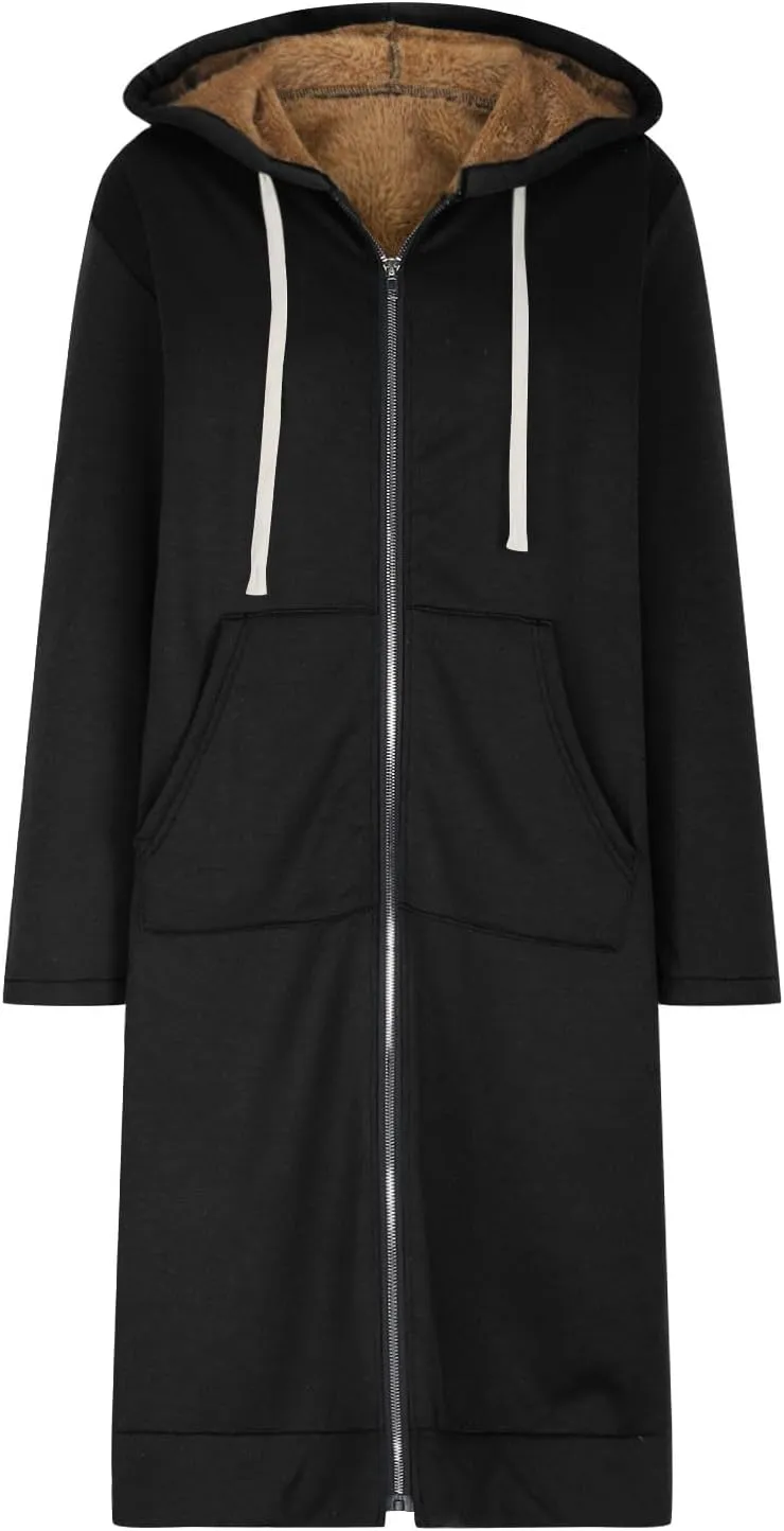 Long Fleece Lined Hooded Jacket for Women, Fuzzy Warm Full Zip Coat Casual Comfortable Thick Knee Length Outerwear